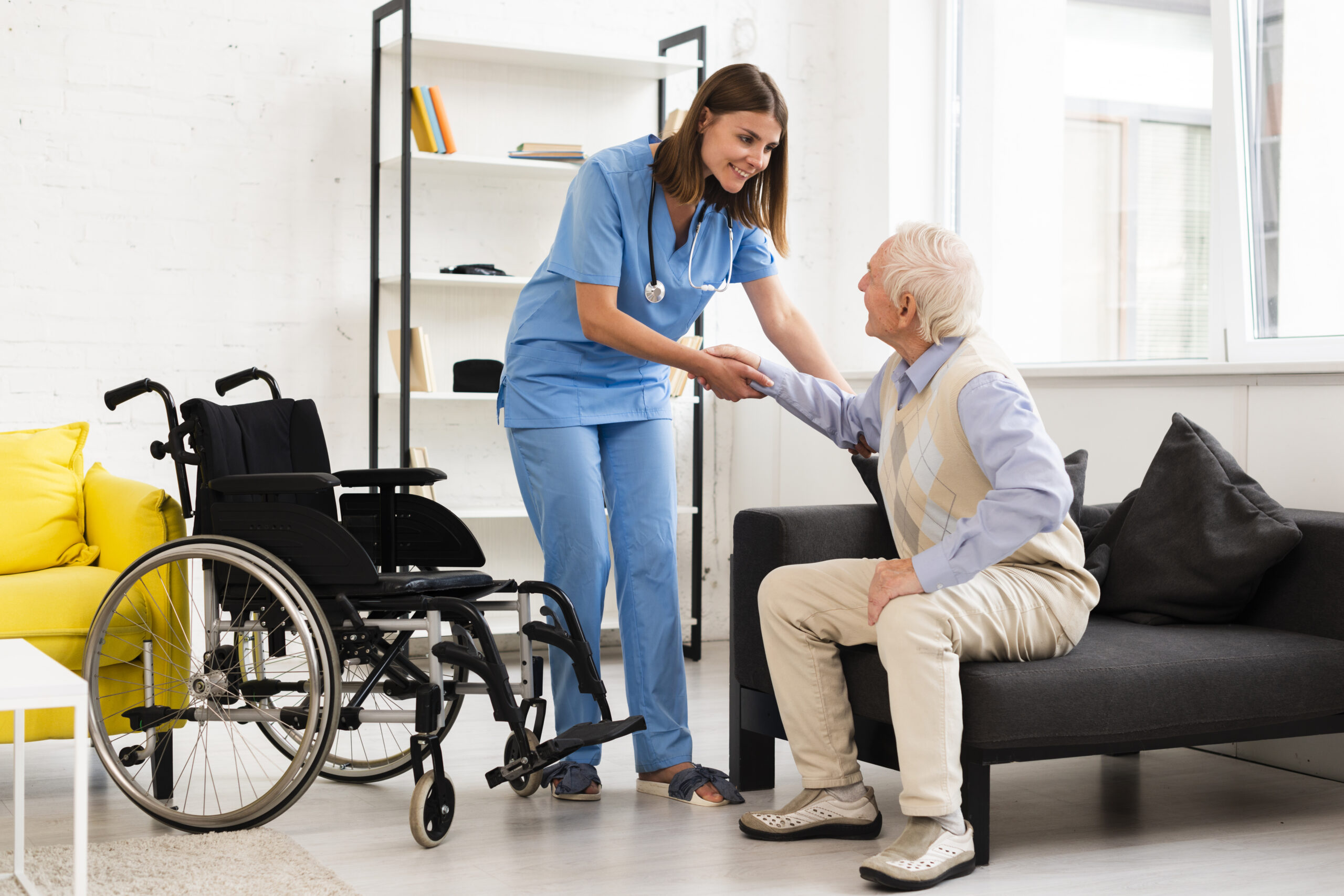 Caregiver assisting a senior with personal routines
