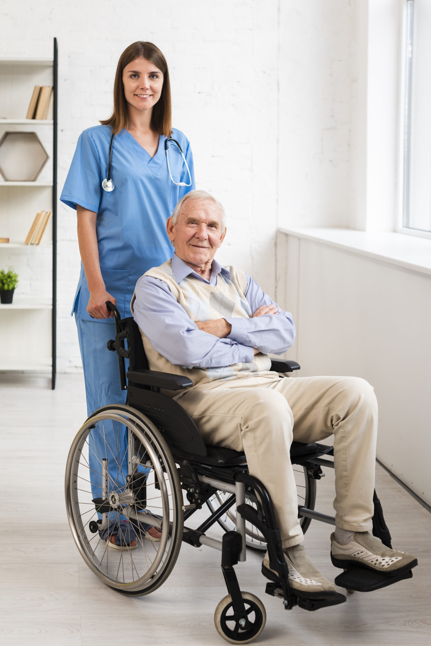 Care professional offering reassuring support to a senior client
